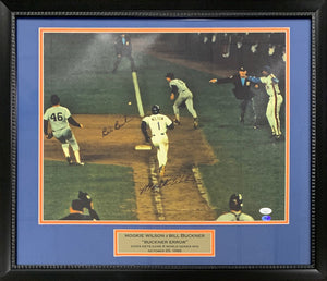 Mookie Wilson & Bill Buckner Autographed New York 1986 World Series Signed Error Play Framed Baseball 16x20 Photo JSA COA-Powers Sports Memorabilia