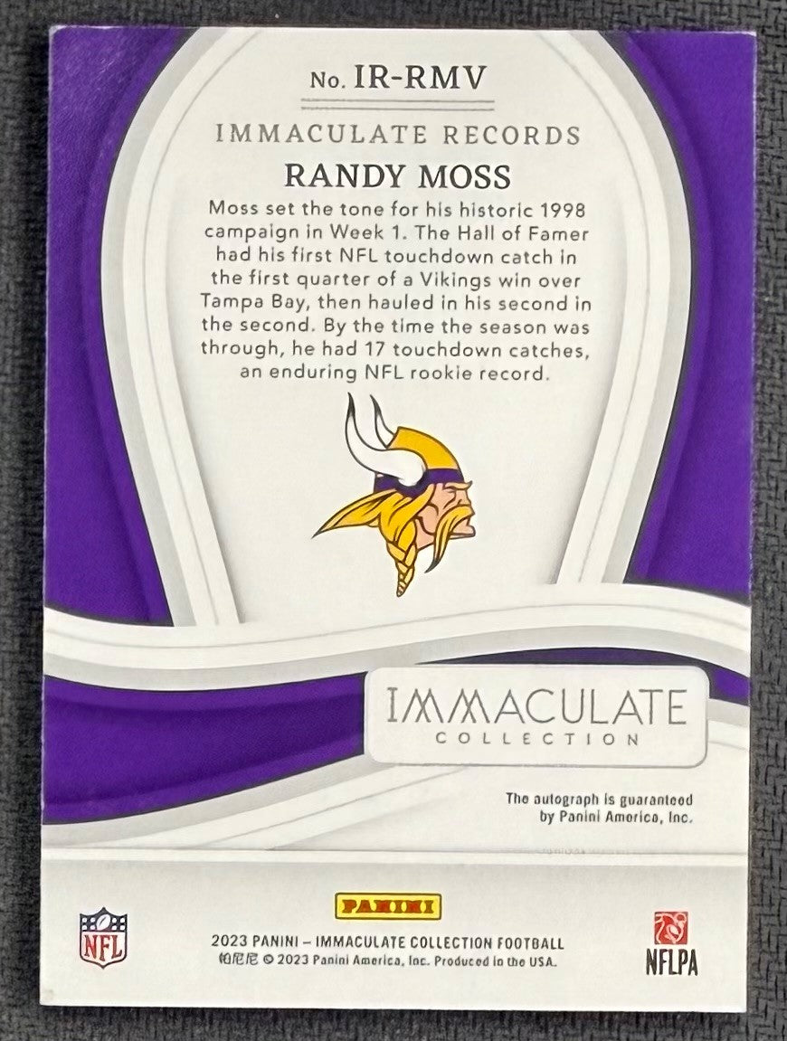 Randy Moss 2023 Panini Immaculate Records Signed Football Card #IRRMV Auto 12/25-Powers Sports Memorabilia