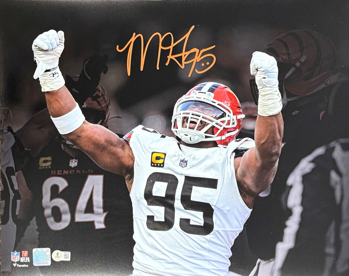 Myles Garrett Autographed Cleveland Browns Signed Football 16x20 Photo 2025 Week 18 Breaking NFL Single-Season Sack Record Beckett Witness Authenticated COA-Powers Sports Memorabilia