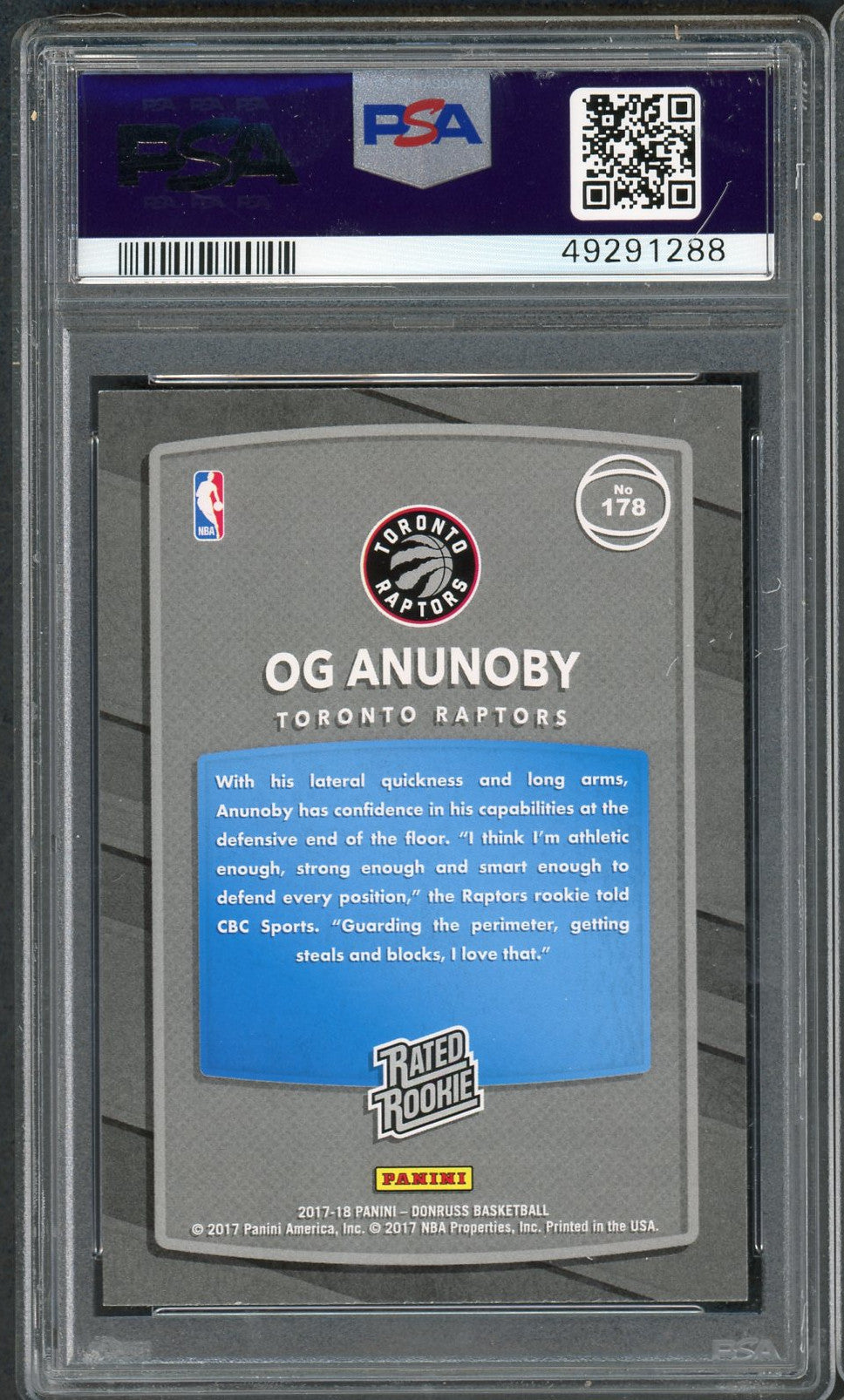OG Anunoby 2017 Panini Donruss Holo Orange Laser Basketball Rookie Card RC #178 Graded PSA 8-Powers Sports Memorabilia