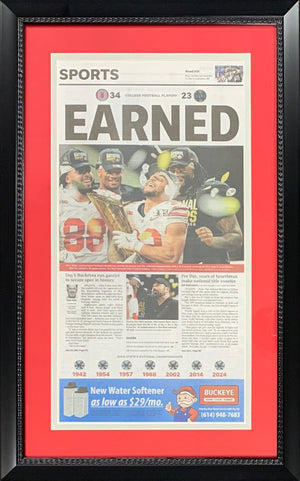 Ohio State Buckeyes 2024 National Championship Columbus Dispatch Framed Football Newspaper EARNED-Powers Sports Memorabilia