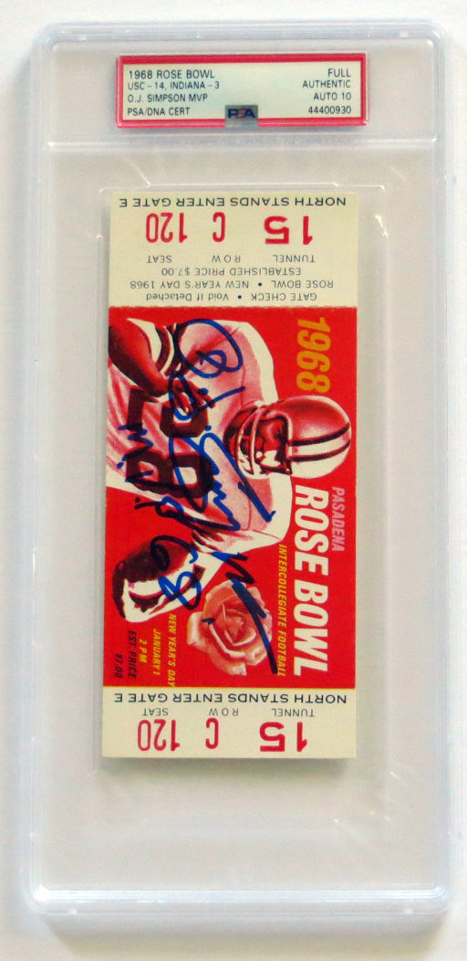 O.J. Simpson Autographed USC 1968 Rose Bowl Encapsulated Ticket W/ MVP PSA/DNA Graded AUTO 10-Powers Sports Memorabilia