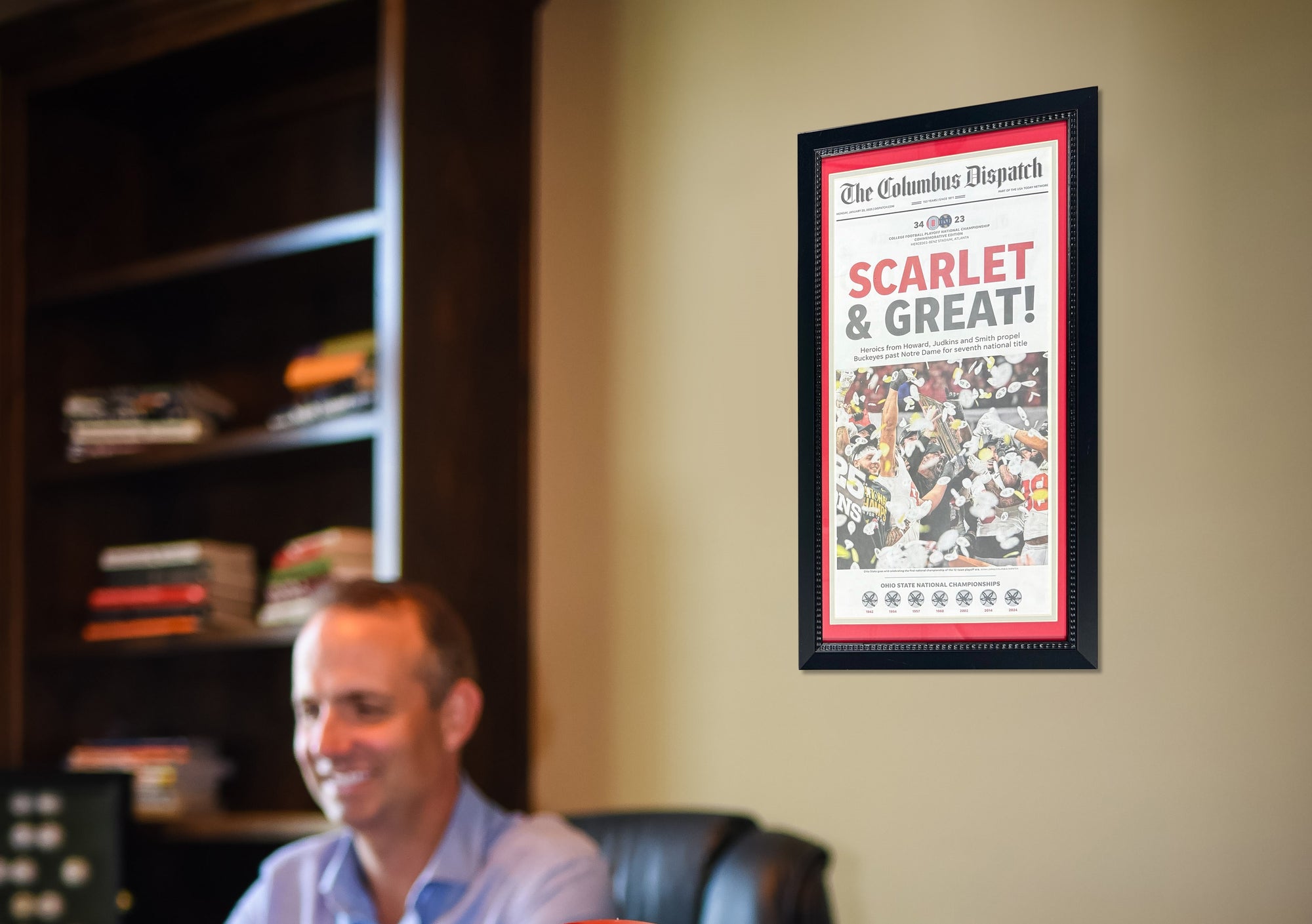 Ohio State Buckeyes 2024 National Championship Columbus Dispatch 14X26 Framed Football Newspaper OSU SCARLET & GREAT-Powers Sports Memorabilia