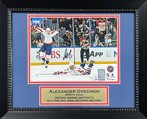 Alexander Ovechkin Autographed Washington Capitals Signed 8x10 Hockey Framed Photo 895 Goal Breaks Wayne Gretzky's NFL Scoring Record Fanatics Authentic COA-Powers Sports Memorabilia