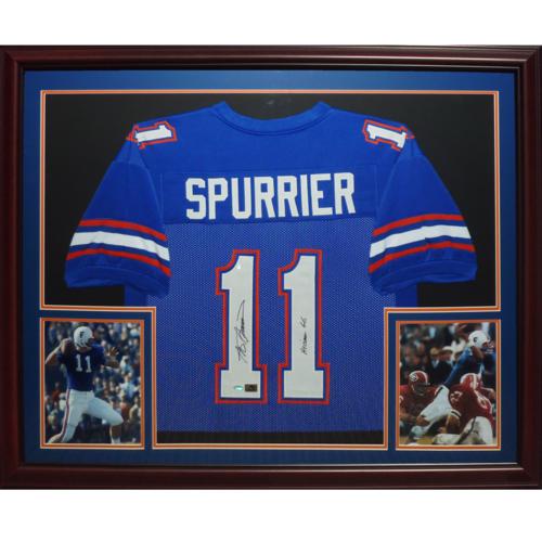 Autographed Steve Spurrier Florida Gators (Blue #11) Deluxe Framed Jersey w/ "Heisman 66"-Powers Sports Memorabilia