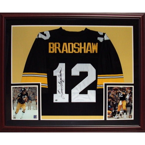 Autographed Terry Bradshaw Pittsburgh (Black #12) Deluxe Framed Jersey-Powers Sports Memorabilia