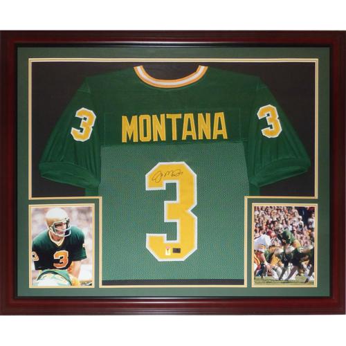 Autographed Joe Montana Notre Dame Fighting Irish (Green #3) Deluxe Framed Jersey - Montana Holo-Powers Sports Memorabilia
