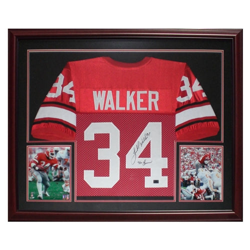 Autographed Herschel Walker Georgia Bulldogs (Red #34) Deluxe Framed Jersey w/ "82 Heisman"-Powers Sports Memorabilia