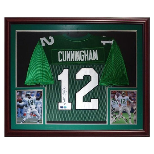 Autographed Randall Cunningham Philadelphia Eagles (Green #12) Deluxe Framed Jersey-Powers Sports Memorabilia