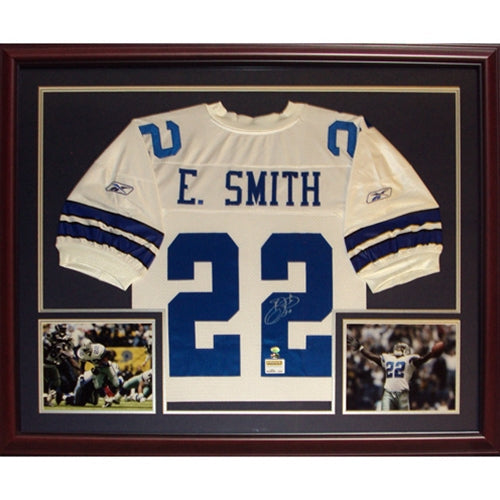 Autographed Emmitt Smith Dallas Cowboys (White #22) Deluxe Framed Jersey-Powers Sports Memorabilia