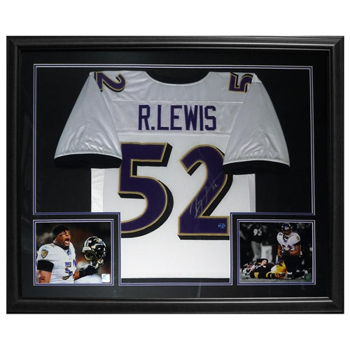 Autographed Ray Lewis Baltimore Ravens (White #52) Deluxe Framed Jersey-Powers Sports Memorabilia