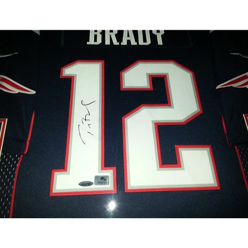 Autographed Tom Brady New England Patriots (Blue #12 Nike) Deluxe Framed Jersey - Fanatics-Powers Sports Memorabilia