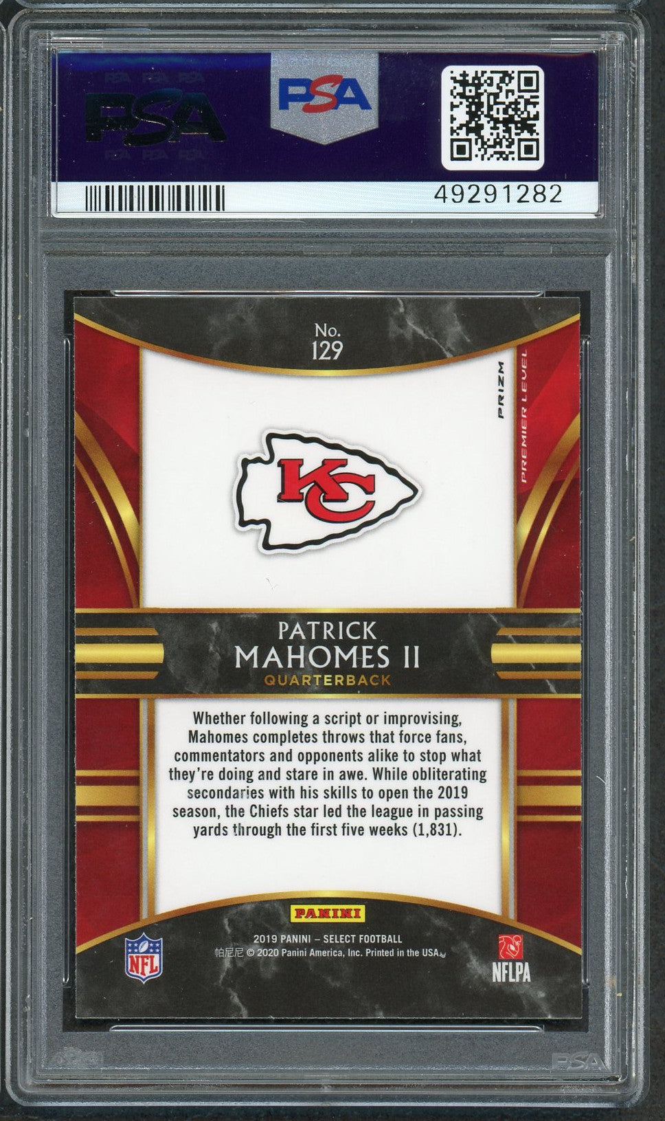 パトリック・マホームズ 2019 パニーニ セレクト シルバー プリズム フットボール カード #129 グレード PSA 10 ジェムミント