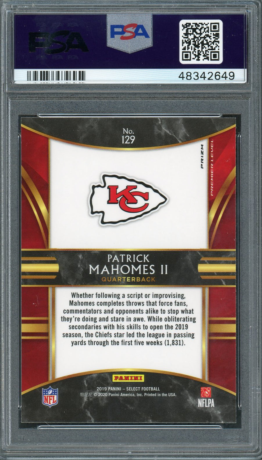 パトリック・マホームズ 2019 パニーニ セレクト シルバー Prizm フットボール カード #129 PSA 9 ミント
