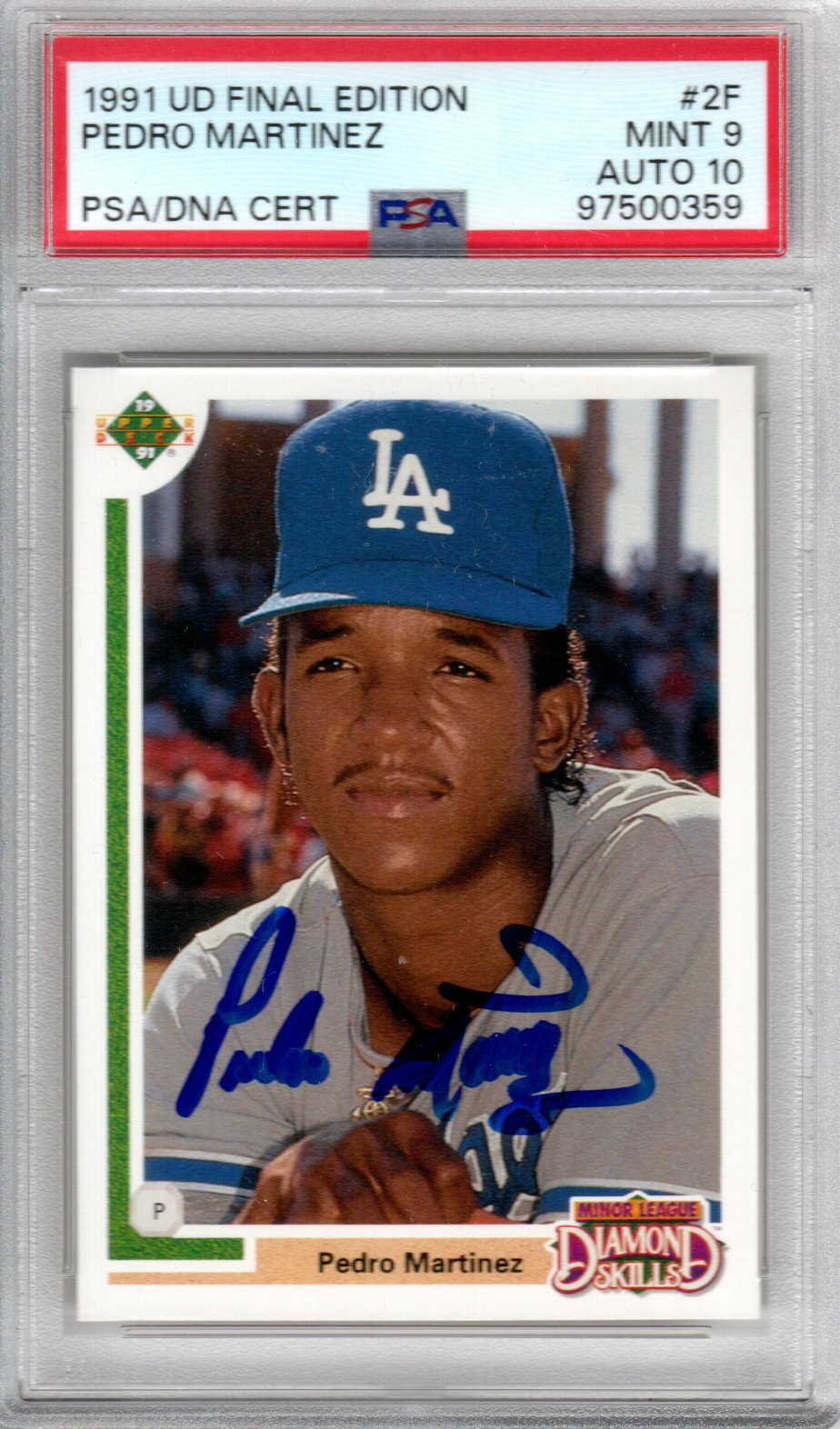 Pedro Martinez Signed Los Angeles Dodgers 1991 Upper Deck #2F Rookie Card PSA MINT 9 AUTO 10-Powers Sports Memorabilia