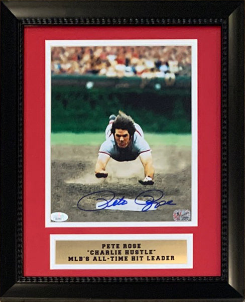 Pete Rose Autographed Diving Signed Framed Baseball 8x10 Photo JSA COA