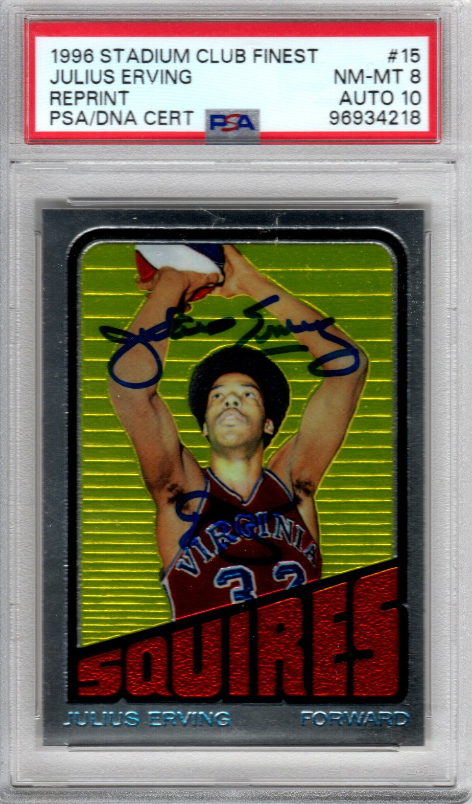 Julius Erving Signed Virginia Squires ABA 1996 Stadium Club Reprint Rookie Card | PSA NM/MT 8 Auto 10-Powers Sports Memorabilia