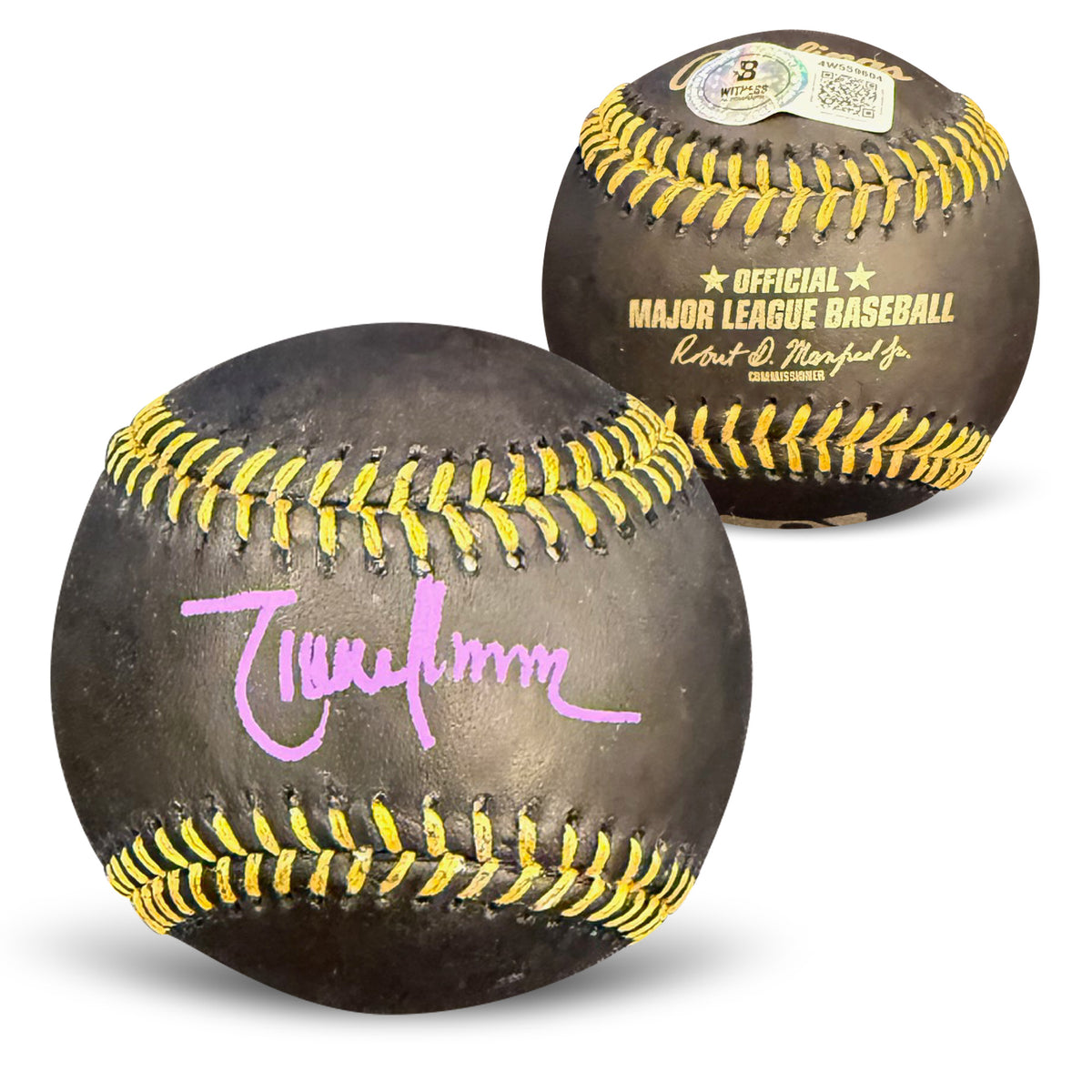 Randy Johnson Autographed MLB Signed Black Baseball Beckett Witness Authenticated COA With UV Display Case Purple Auto-Powers Sports Memorabilia