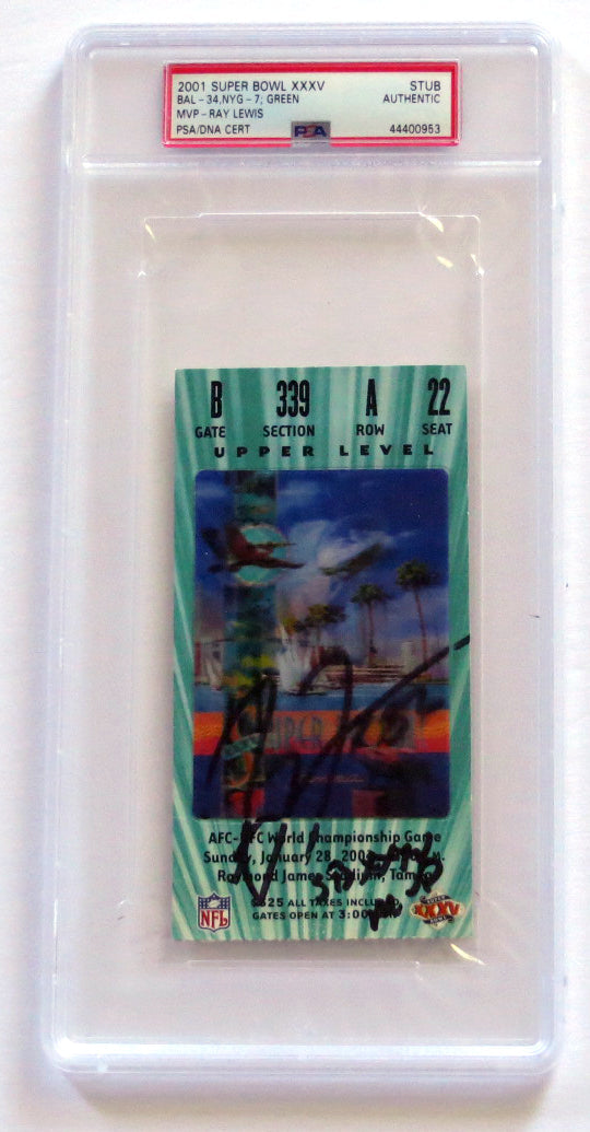 Ray Lewis Autographed Baltimore Ravens Super Bowl XXXV Encapsulated Ticket Stub W/ SB XXXV MVP PSA/DNA Green-Powers Sports Memorabilia