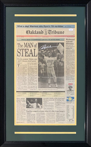 Rickey Henderson Autographed Oakland Tribune Signed Baseball Framed Newspaper 20x32 Original Front Page Of Stolen Base Record JSA COA-Powers Sports Memorabilia