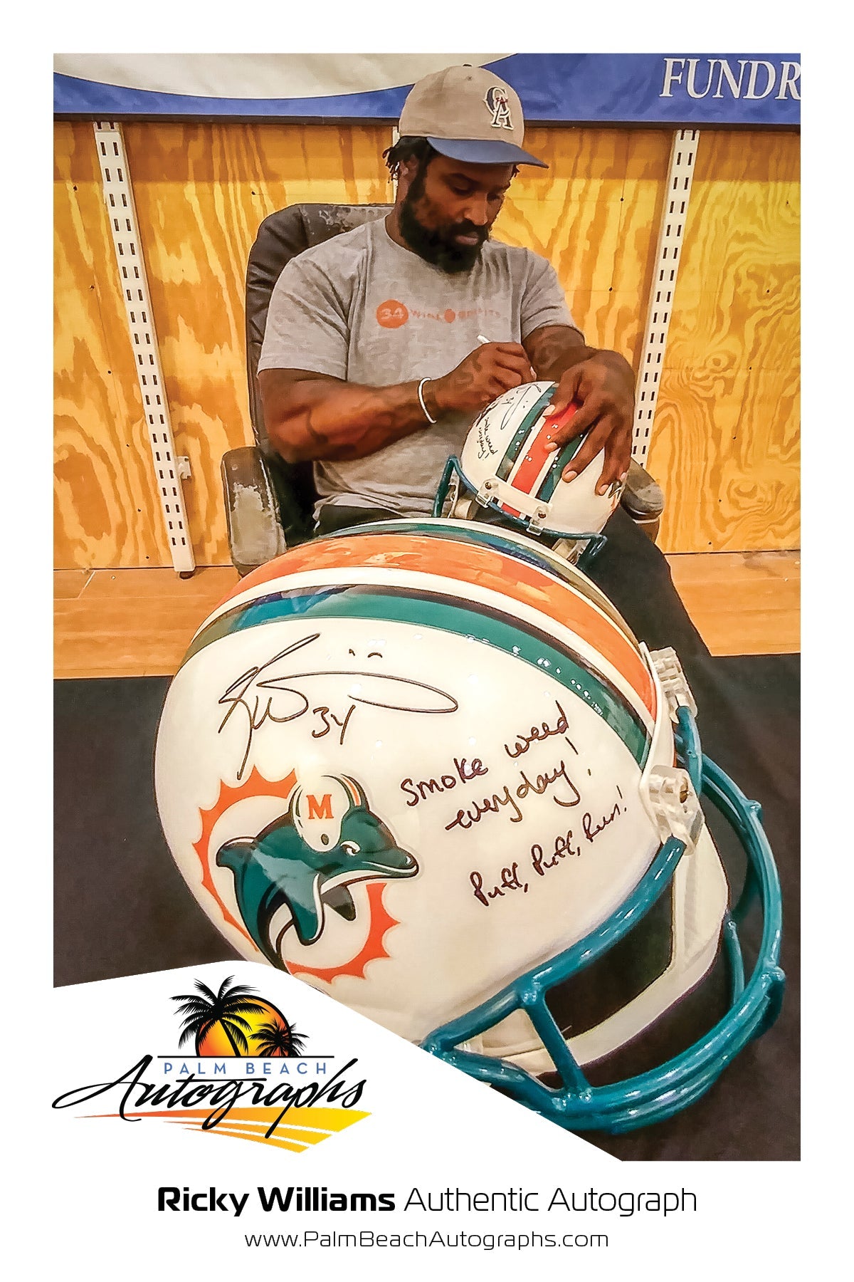 Autographed Ricky Williams Miami Dolphins (Throwback) Deluxe Full-Size Replica Helmet w/ "Smoke Weed Everyday", "Puff, Puff, Run" - JSA-Powers Sports Memorabilia