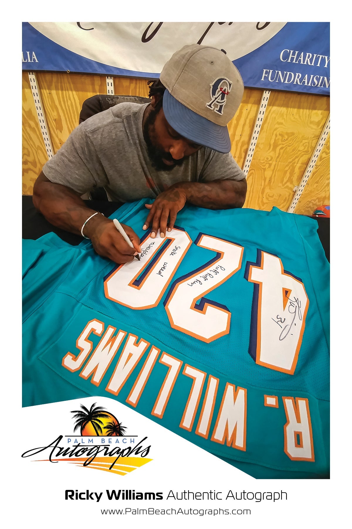 Autographed Ricky Williams Miami (Teal #420) Custom Jersey w/ "Puff, Puff, Run ", "Smoke Weed Everyday" - JSA