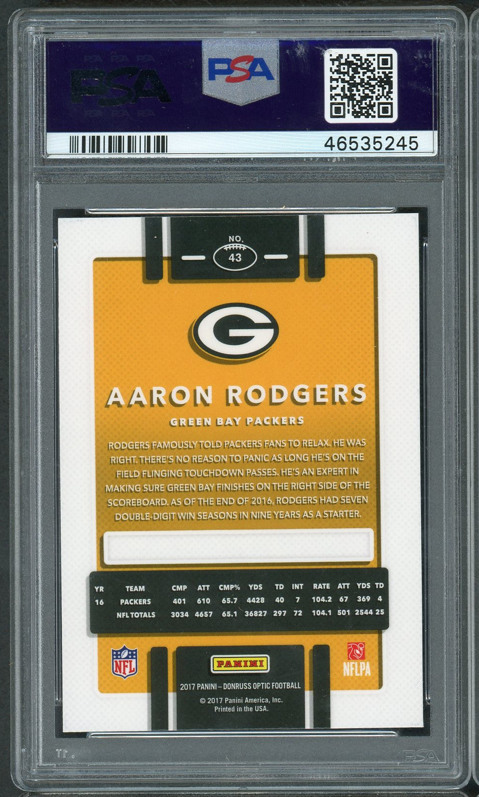 Aaron Rodgers 2017 Panini Donruss Optic Football Card #43 Graded PSA 10-Powers Sports Memorabilia