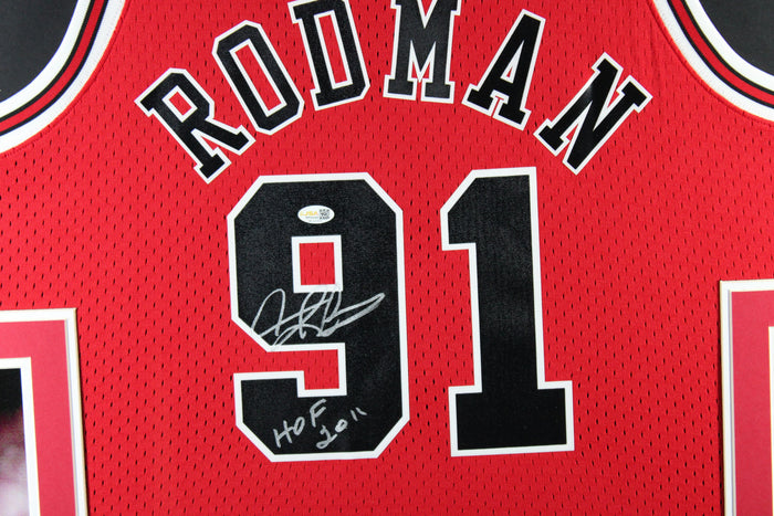 Dennis Rodman Autographed Chicago Bulls Mitchell & Ness Swingman Basketball Framed Jersey Signed Hall of Fame HOF 2011 JSA Witness Authenticated-Powers Sports Memorabilia