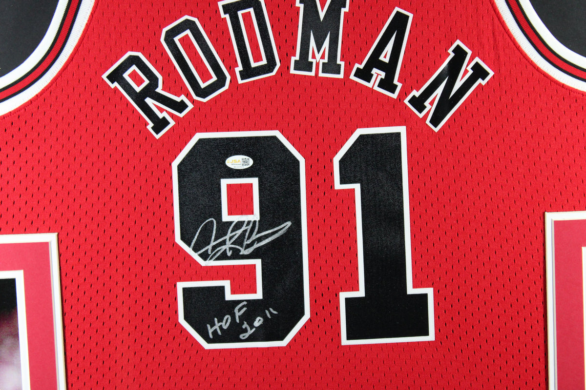 Dennis Rodman Autographed Chicago Bulls Mitchell & Ness Swingman Basketball Framed Jersey Signed Hall of Fame HOF 2011 JSA Witness Authenticated