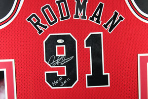 Dennis Rodman Autographed Chicago Bulls Mitchell & Ness Swingman Basketball Framed Jersey Signed Hall of Fame HOF 2011 JSA Witness Authenticated