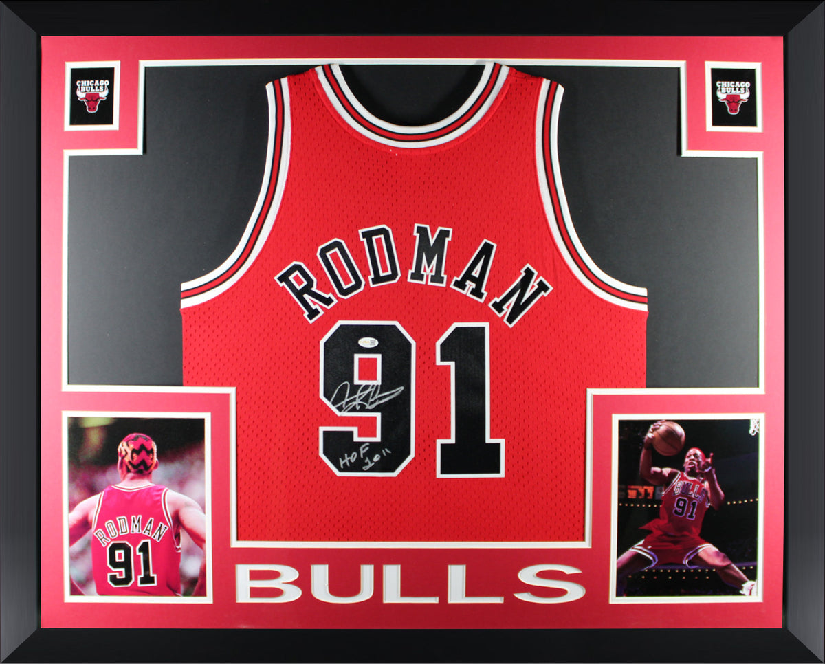 Dennis Rodman Autographed Chicago Bulls Mitchell & Ness Swingman Basketball Framed Jersey Signed Hall of Fame HOF 2011 JSA Witness Authenticated