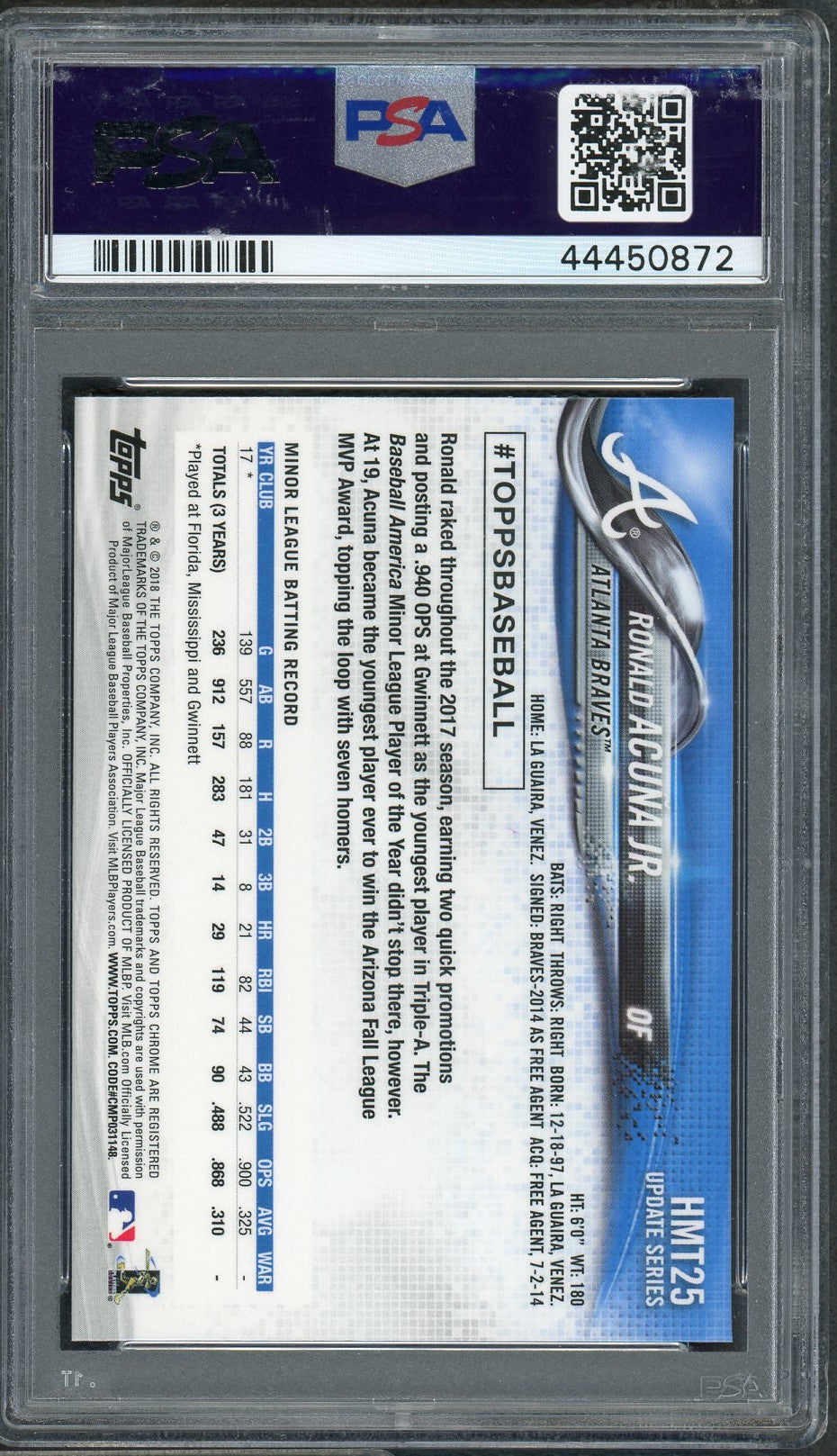 Ronald Acuna Jr 2018 Topps Chrome Update Baseball Rookie Card RC #HMT25 Graded PSA 10 GEM MINT-Powers Sports Memorabilia
