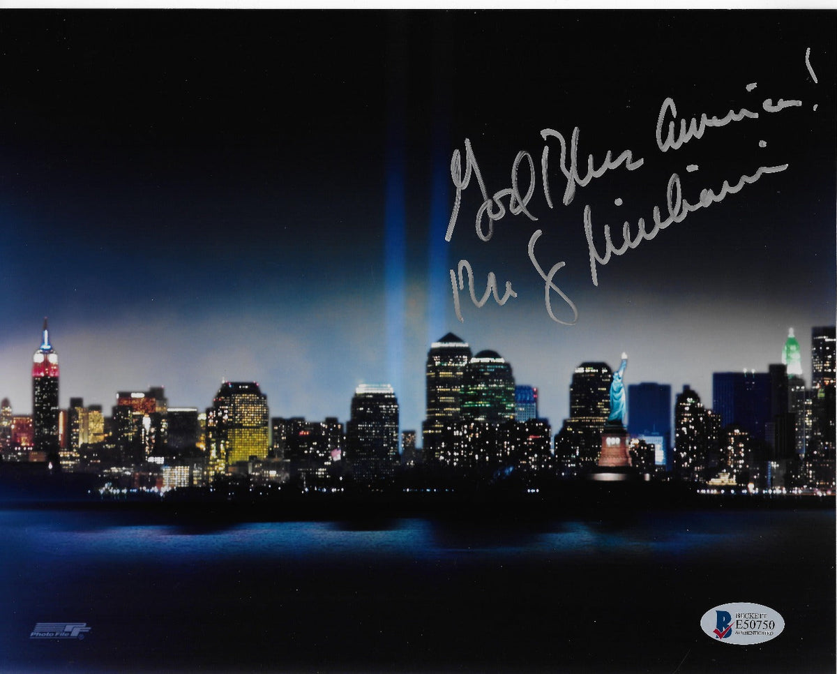 Rudy Giuliani Autographed New York Skyline 911 8x10 Photo W/ God Bless America Beckett Authenticated-Powers Sports Memorabilia