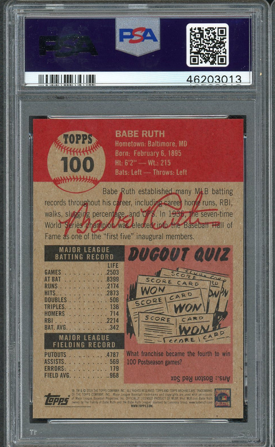 Babe Ruth 2018 Topps Living Baseball Card #100 Graded PSA 10 GEM MINT-Powers Sports Memorabilia