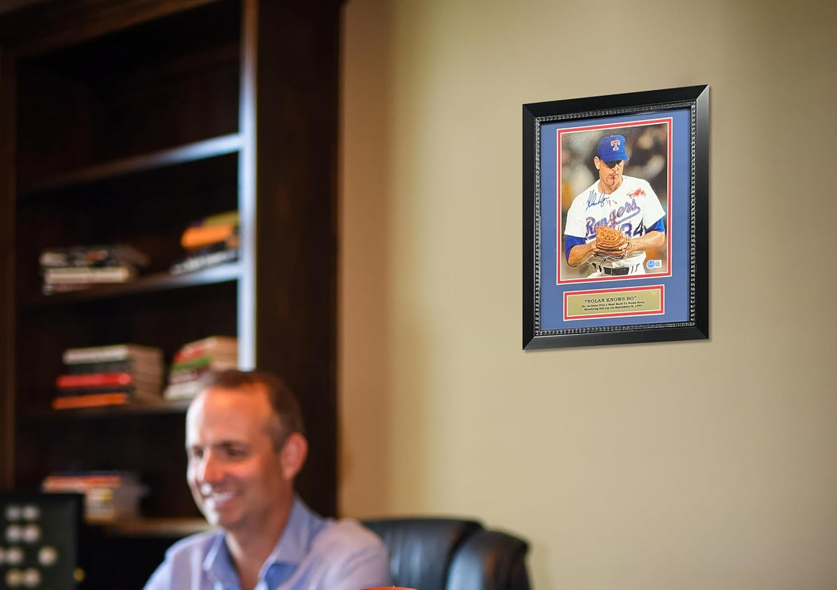 Nolan Ryan Autographed Texas Rangers Signed Baseball 8x10 Framed Photo Bloody Hit By Baseball From Bo Jackson Beckett Authenticated COA-Powers Sports Memorabilia