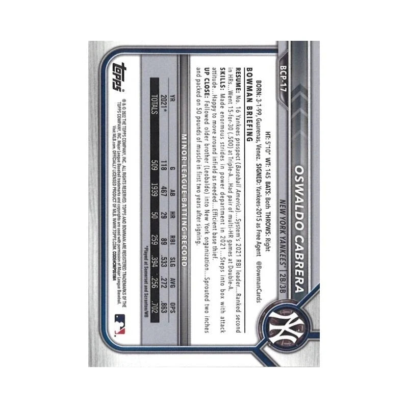 Oswaldo Cabrera New York Yankees Signed 2022 Bowman Chrome Sapphire-Powers Sports Memorabilia