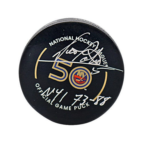 Denis Potvin New York Islanders Signed & Inscribed "NYI 73-88" Official 50th Anniversary Puck