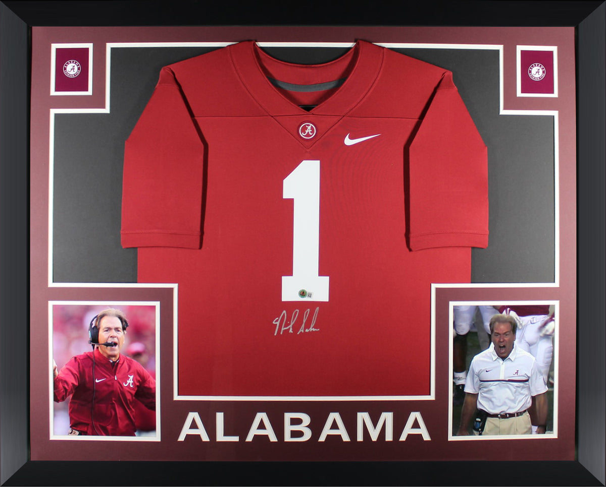 Nick Saban Autographed Alabama Crimson Tide Signed Nike Game Football Framed Jersey Beckett Authenticated COA-Powers Sports Memorabilia