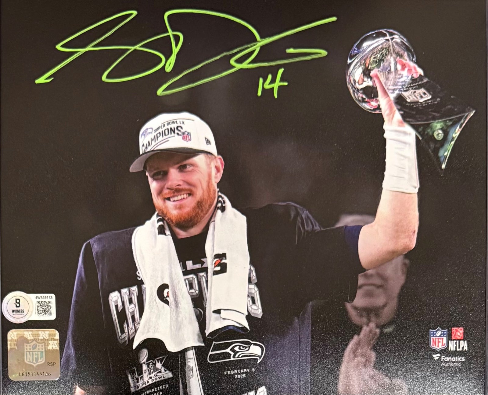 Sam Darnold Autographed Seattle Seahawks Super Bowl LX 60 Signed 8x10 Football Photo Beckett Witness Authenticated-Powers Sports Memorabilia