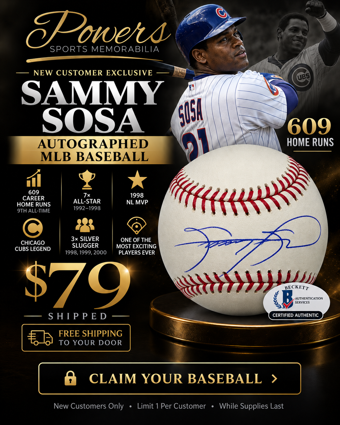 Sammy Sosa Autographed MLB Baseball Beckett BAS – Chicago Cubs 609 Home Runs-Powers Sports Memorabilia