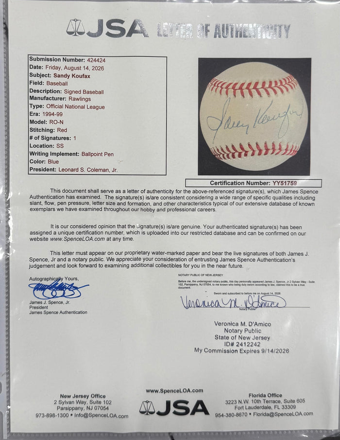 Sandy Koufax Autographed Dodgers Baseball JSA YY517959-Powers Sports Memorabilia