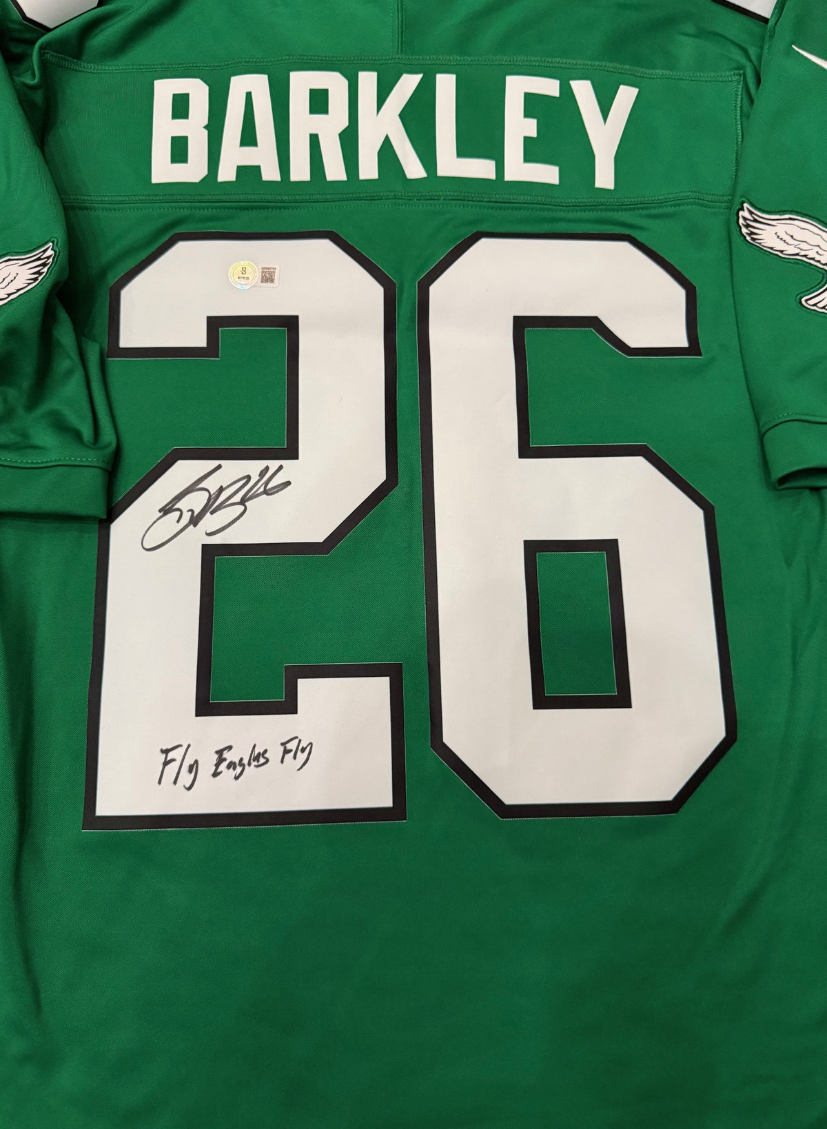 Saquon Barkley Autographed Philadelphia Eagles Signed Nike Limited Kelly Green Football Jersey FLY EAGLES FLY Beckett Authenticated COA-Powers Sports Memorabilia