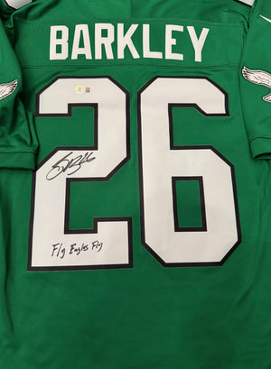 Saquon Barkley Autographed Philadelphia Eagles Signed Nike Limited Kelly Green Football Jersey FLY EAGLES FLY Beckett Authenticated COA-Powers Sports Memorabilia