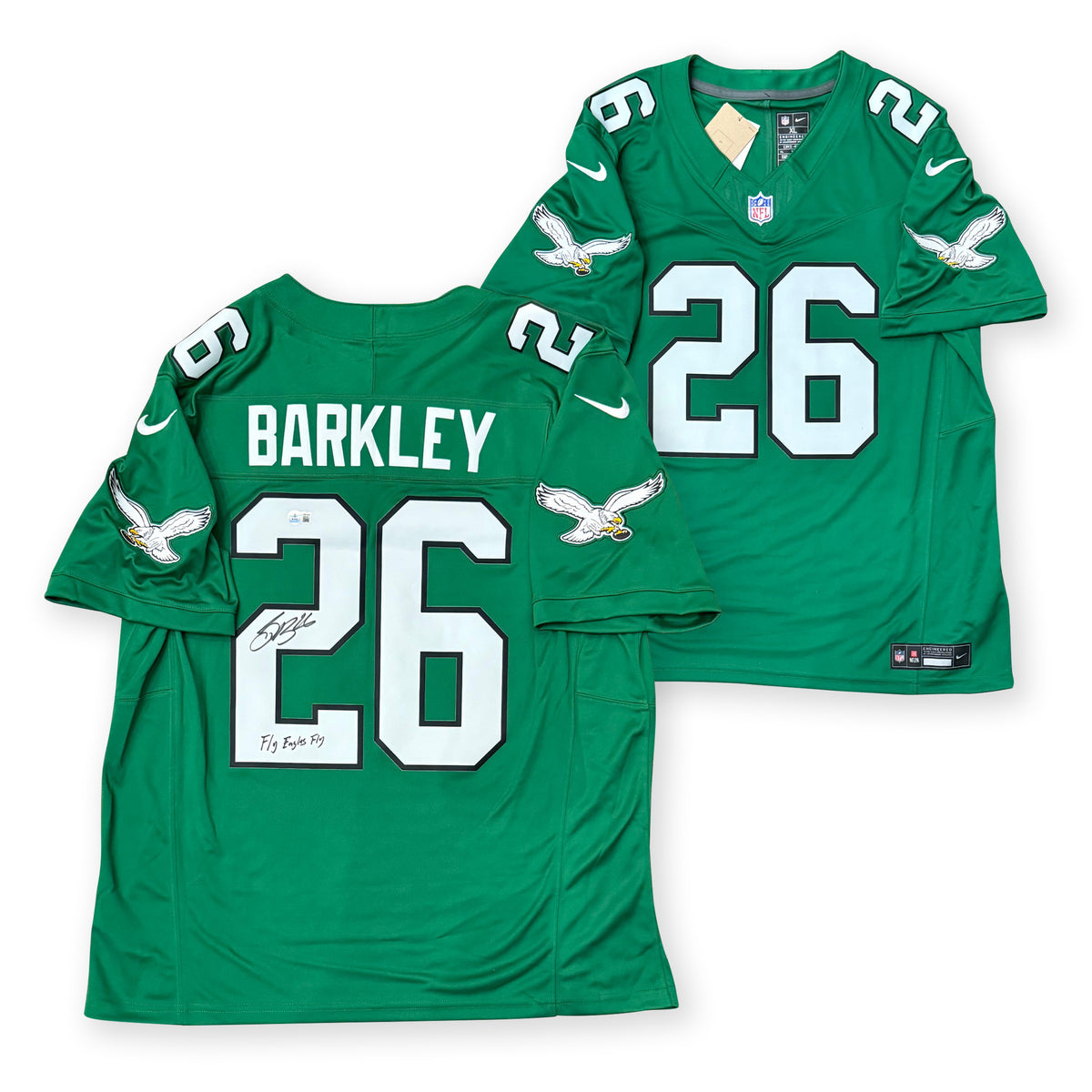 Saquon Barkley Autographed Philadelphia Eagles Signed Nike Limited Kelly Green Football Jersey FLY EAGLES FLY Beckett Authenticated COA-Powers Sports Memorabilia
