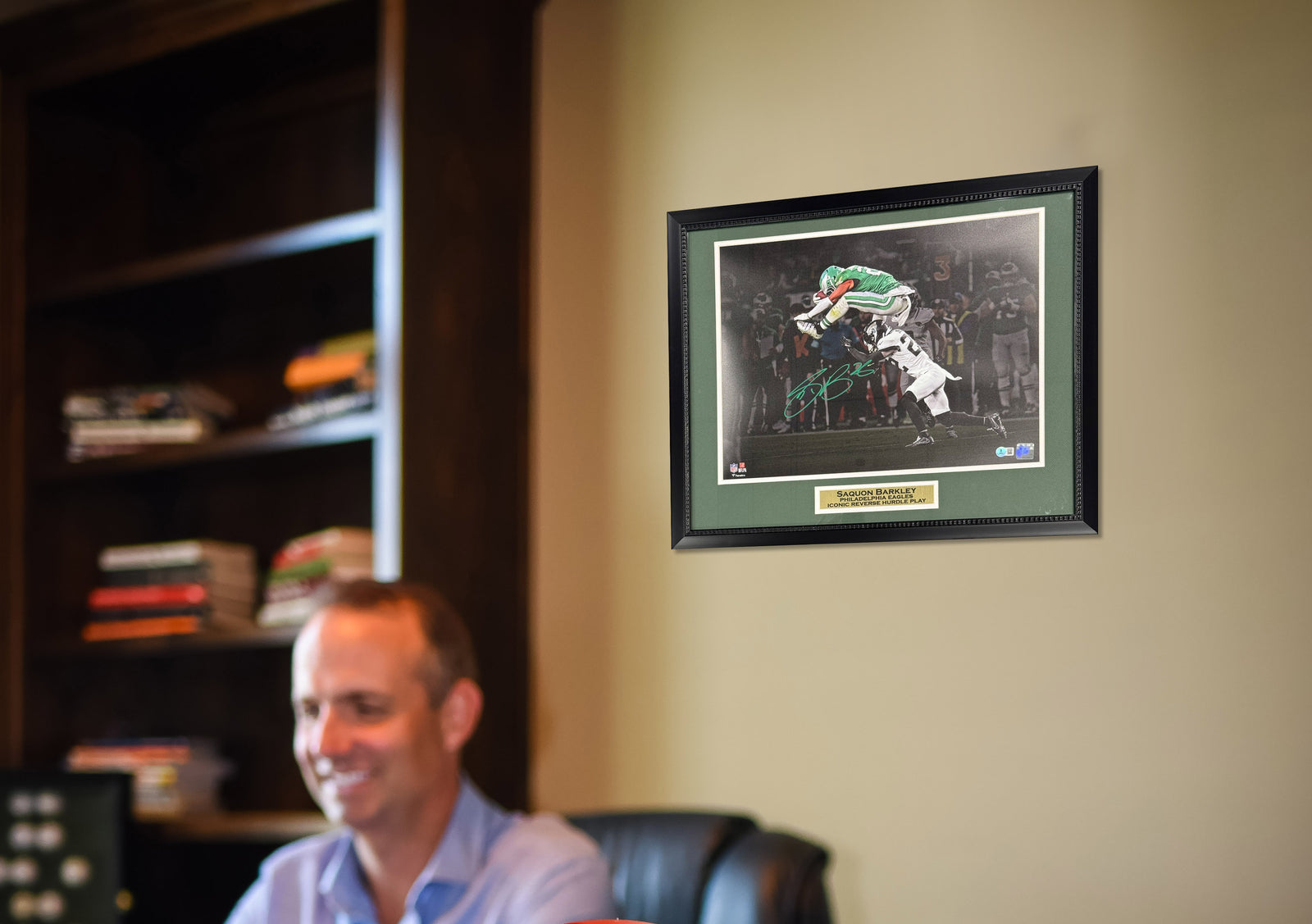 Saquon Barkley Autographed Philadelphia Eagles Reverse Hurdle Signed 16x20 Framed Football Photo Beckett Authenticated COA Green-Powers Sports Memorabilia