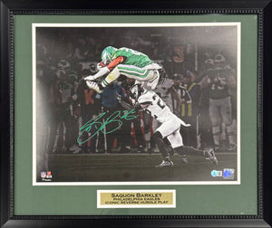 Saquon Barkley Autographed Philadelphia Eagles Reverse Hurdle Signed 16x20 Framed Football Photo Beckett Authenticated COA Green-Powers Sports Memorabilia