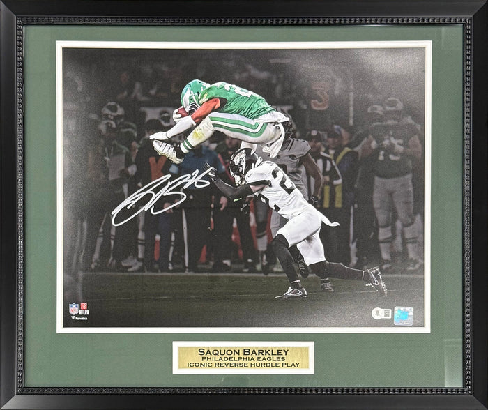 Saquon Barkley Autographed Philadelphia Eagles Reverse Hurdle Signed 16x20 Framed Football Photo Beckett Authenticated COA Silver-Powers Sports Memorabilia