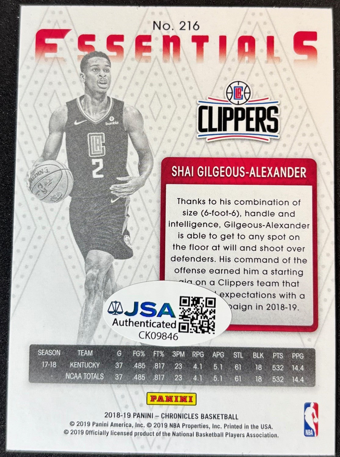 Shai Gilgeous Alexander 2018-19 Panini Chronicles Essentials Signed Basketball Rookie Card #216 JSA Authenticated Auto Cert #CK09846-Powers Sports Memorabilia
