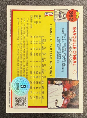 Shaquille O'Neal 1992 Topps Signed Basketball Rookie Card #362 Auto Beckett Witness Cert #4W372636-Powers Sports Memorabilia