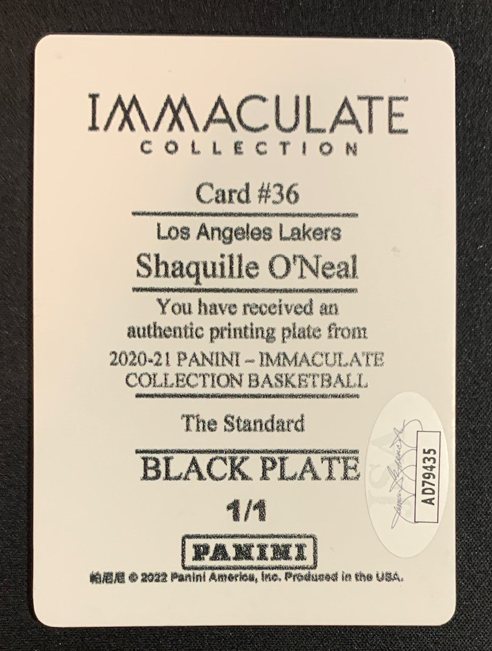 Shaquille O’Neal 2020 Panini Immaculate Signed Printing Plate Card Auto JSA 1/1-Powers Sports Memorabilia